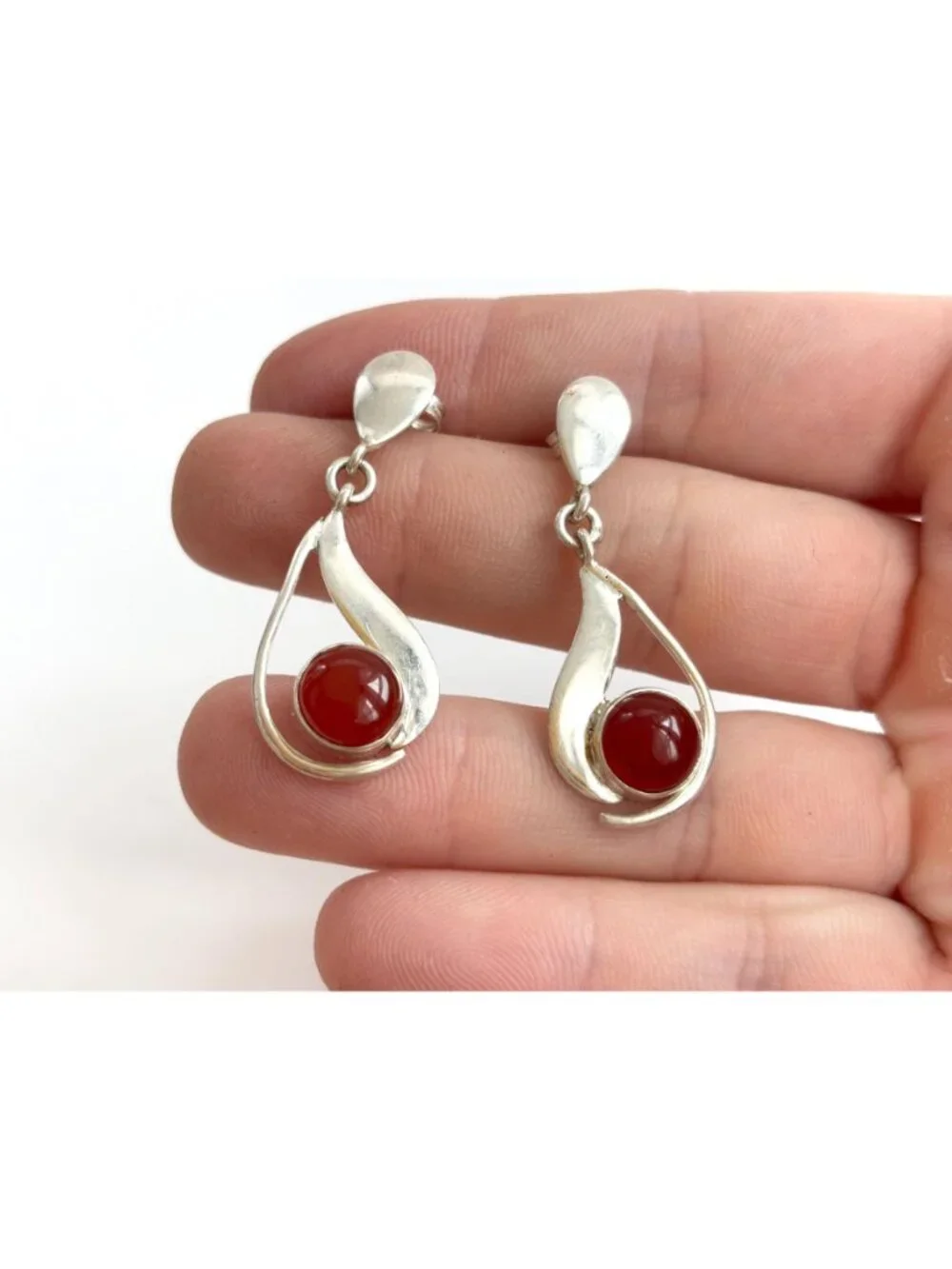 Carnelian Stone Midcentury Modern Stylized Vintage Sterling Silver 925 Earrings